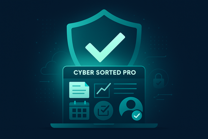 Small business owner completing a cybersecurity checklist with a Cyber Essentials tick shield and padlock in the background.